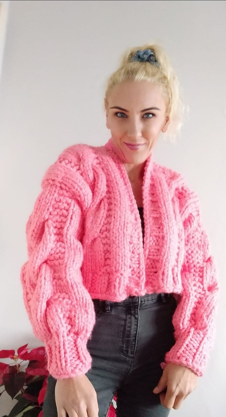 READY TO SHIP, braid knit light pink jacket, chunky shops knit product, handmade cable cardigan, braid balloon sleeve cardigan, ckunky knit jacket