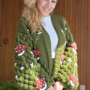 Handmade Knitted Cardigan, Mushroom Motif Design Cardigan, Gift Green Cardigan For Ladies, Soft And Wide Women's Cardigan, Long Cardigan