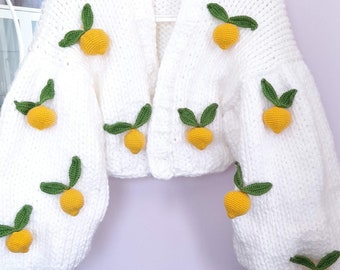 Handmade 3D Lemon Embroidered Knit Cardigan - Soft White Jacket