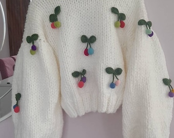 Cherry Cardigan, Handmade Knitted Cardigan, White Women's Cardigan, Soft Thick Cardigan, Fruit Motif Cardigan, Women Gift Clothing