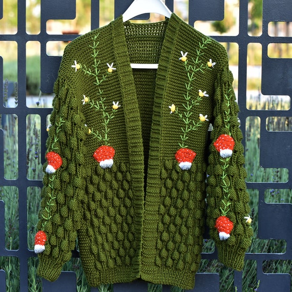 HeyCKnittingBoutique Famous Green Mushroom Daisy Cardigan, Green Country Garden Sweater, Trendy Hand Knitted Mushroom Cardigan, Princess Jacket