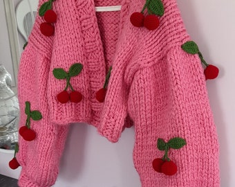 Handmade Knitted Cardigan, Cherry Embroidered Pink Women's Cardigan, Thick Red Cherry Cardigan