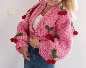 Handmade Knitted Cardigan, Cherry Embroidered Pink Women's Cardigan, Thick Red Cherry Cardigan
