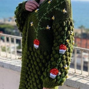 Handmade Knit Cardigan, Mushroom Embroidered Cardigan, Green Long Cardigan, Red Mushroom Embroidered Cardigan, Heycknitting Design