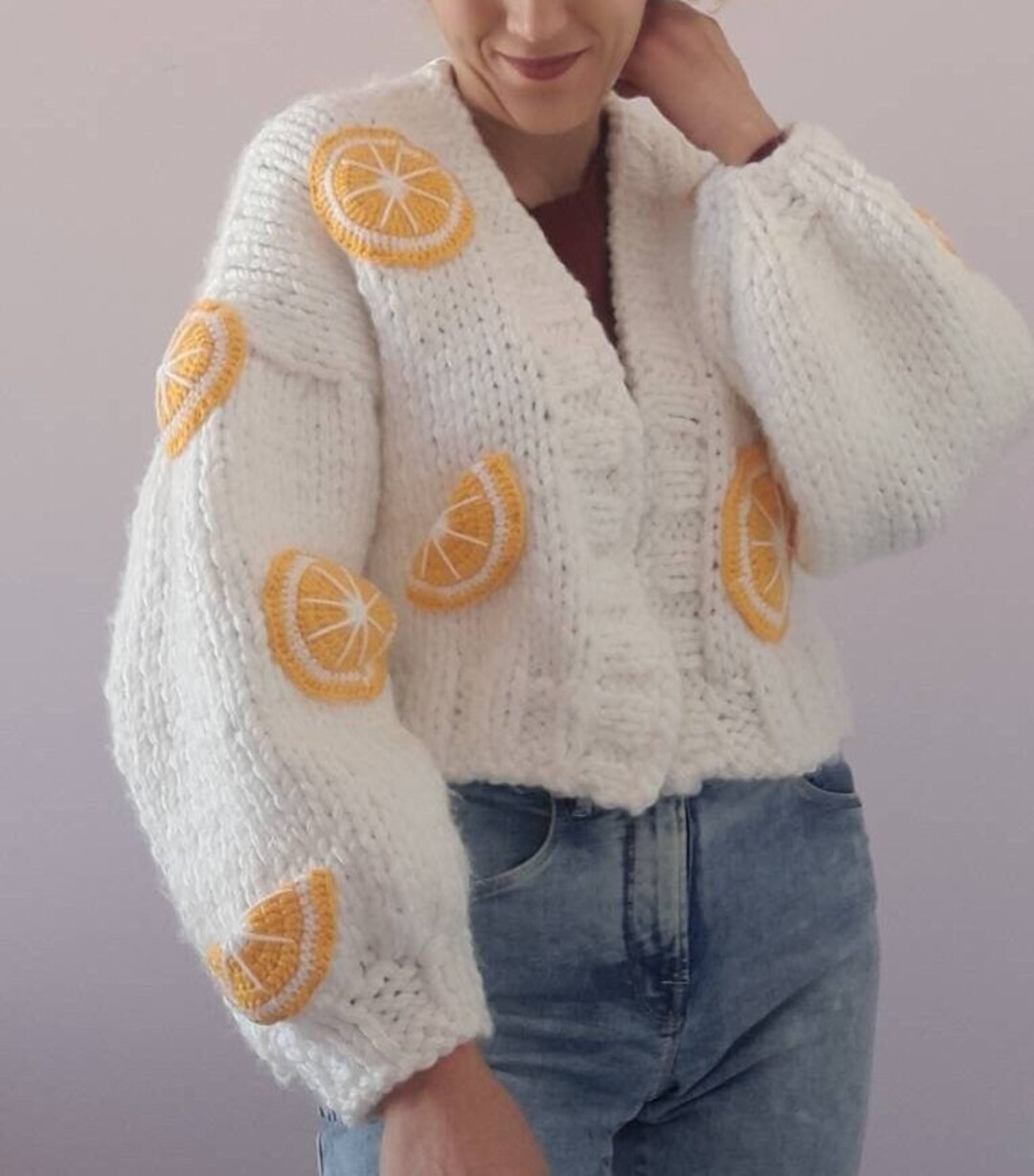 Handmade White Cardigan, Women's Lemon Embroidered Knit