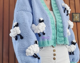 Handmade Lamb Embroidered Knit Cardigan - Soft Blue Jacket - Etsy