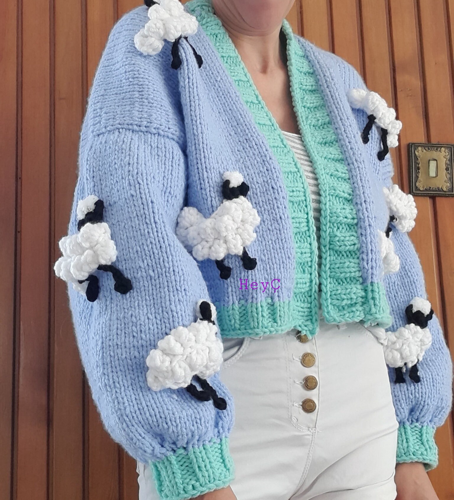 羊モチーフ付き青色カーディガン Ne-net ストライプカーディガン 羊モチーフ☆未使用工場 直営 店