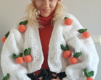 Handmade Knitted Cardigan, Orange Motif Cardigan, Thick White Cardigan, Fruit Embroidered Knitted Cardigan, Soft Knitted Women's Cardigan