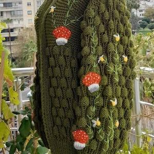 Handmade Embroidered Cardigan, Hand Knit Mushroom Sweater, Chunky Knit Mushroom Cardigan, Green Mushroom Jacket