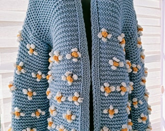 Handmade Long Women's Cardigan, Blue Knitted Daisy Cardigan, Christmas Gift Cardigan, Casual Cardigan, Soft One-Size Cardigan