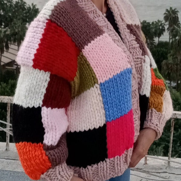 Colorful Square Cardigan, Handmade Knitted Cardigan, Women's Plaid Cardigan, Thick Cardigan,  Knitted Jacket, Surprise Gift,Mother Gift