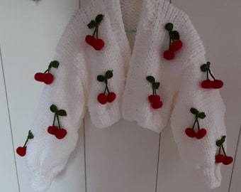 Cherry Cardigan, Red Cherry Motif Cardigan, Fruit Patterned Cardigan, White Thick Cardigan, Knitted Women's Jacket, HeyÇKnitting Design