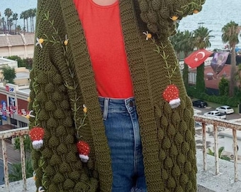 Knitted Cardigan, Mushroom Motif Cardigan, Knitted Jacket, Gift For Women, Green Cardigan, 3D Motif Cardigan, Sleeve Cardigan, Wide Cardigan