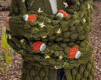Knitted Cardigan, Mushroom Cardigan, Green Women&#39;s Cardigan, Gift for Women, Handmade Christmas Gift, Embroidered Knitted Jacket, Long Cardi