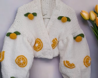 Lemon Cardigan, Fruit Patterned Cardigan, White Thick Cardigan, Young Girl Cardigan, Gift Knitted Cardigan, Handmade Knitted Cardigan