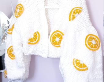 Handmade Embroidered Lemon Cardigan: Soft Knit Jacket