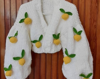 Handmade Knitted Cardigan, Thick White Cardigan, Lemon Cardigan, Yellow Lemon  Cardigan, Fruit Cardigan, Gift Knitted, HeyCKnitting