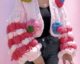 Handmade Pink Women's Cardigan, Balloon Sleeve Knitted Cardigan, Colorful Daisy Cardigan, Cropped Hand Knite Cardigan , HeyCKnitting