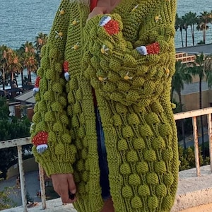 Handmade Knitted Cardigan, Gift Cardigan For Women, Green Cardigan With Mushroom Motif, Long Thick Knitted Cardigan, Women's Gift Knitted