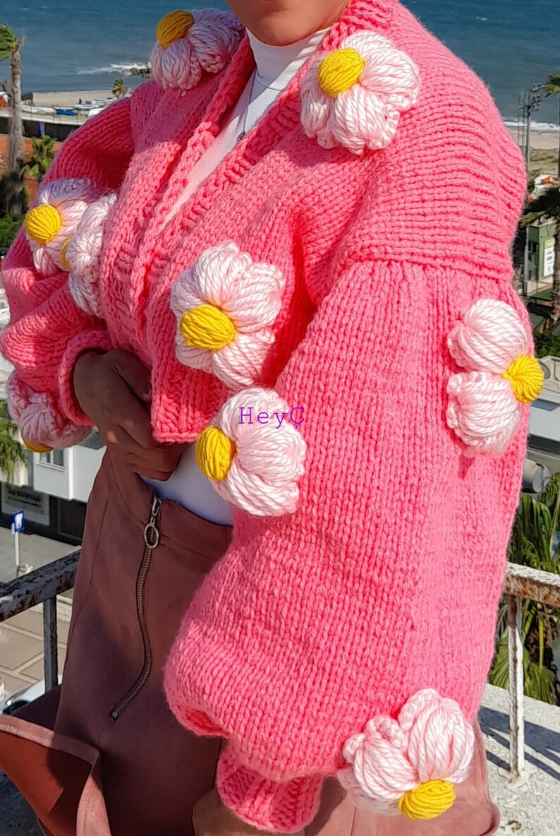 Daisy Knit Jacket Chunky Knit Product Handmade Daisy Pink Etsy