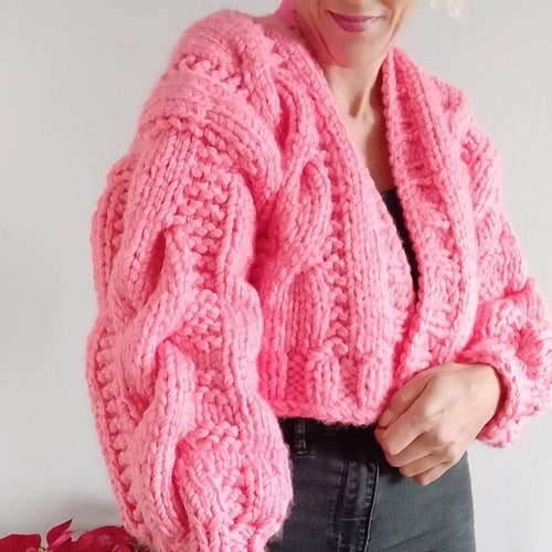 READY TO SHIP, braid knit light pink jacket, chunky shops knit product, handmade cable cardigan, braid balloon sleeve cardigan, ckunky knit jacket