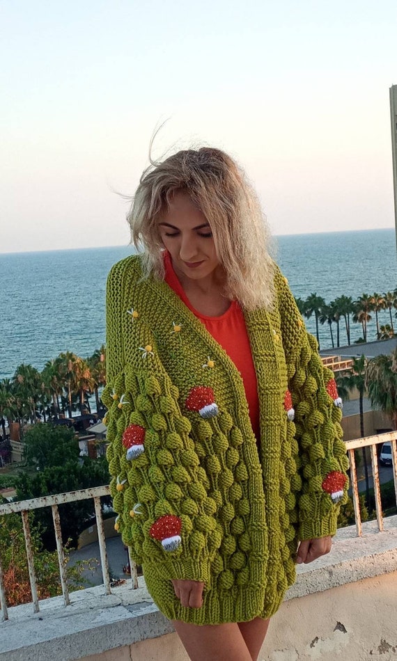 Handmade Long Knit Cardigan Mushroom Emroidered Thick Jacket - Etsy