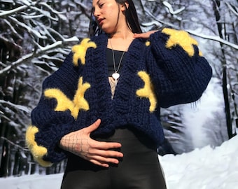 Knitted Cardigan, Star Embroidered Cardigan, Gift for Women, Navy Blue Cardigan, Soft Knitted Jacket, Handmade Cardigan, Knitted Jacket