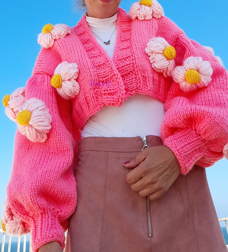 Daisy Knit Jacket Chunky Knit Product Handmade Daisy Pink | Etsy