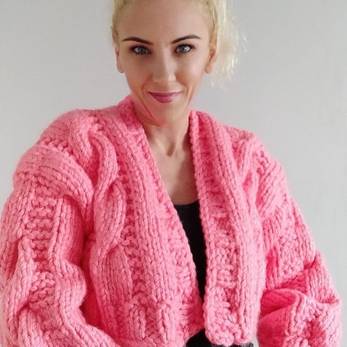 READY TO SHIP, braid knit light pink jacket, chunky shops knit product, handmade cable cardigan, braid balloon sleeve cardigan, ckunky knit jacket