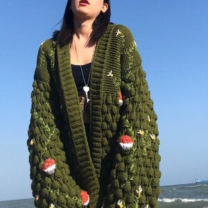 Mushroom Cardigan, Green Cardigan, Gift Knit Cardigan, Embroidered Cardigan, Long Casual Wear, Handmade Ptterned, Skilled Cardigan Design image 2