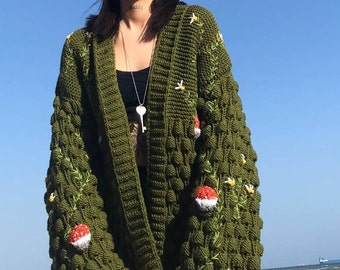 Green Women's Cardigan, Red Mushroom Embroidered, Nature Inspired design, Custom design, Hand Embroidered Red Mushrooms Cardigan