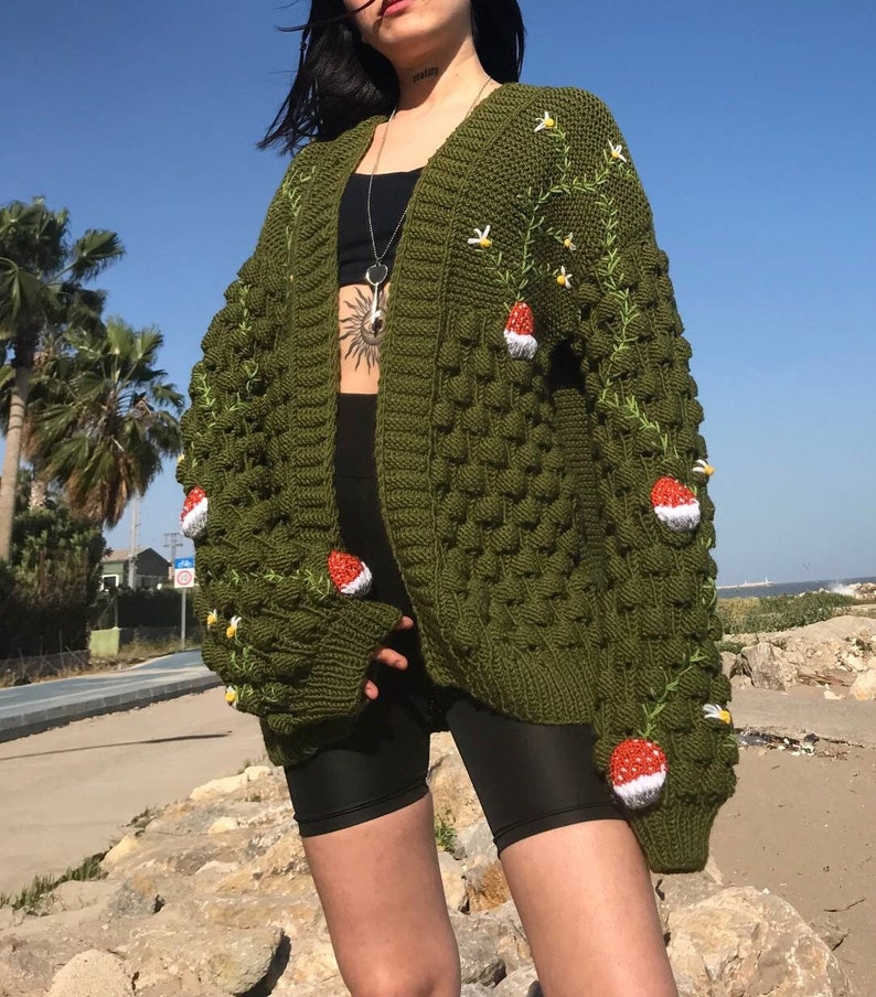 Mushroom Cardigan, Green Cardigan, Gift Knit Cardigan, Embroidered Cardigan, Long Casual Wear, Handmade Ptterned, Skilled Cardigan Design image 1