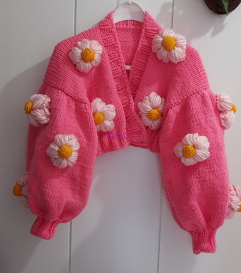 Daisy Knit Jacket Chunky Knit Product Handmade Daisy Pink Etsy