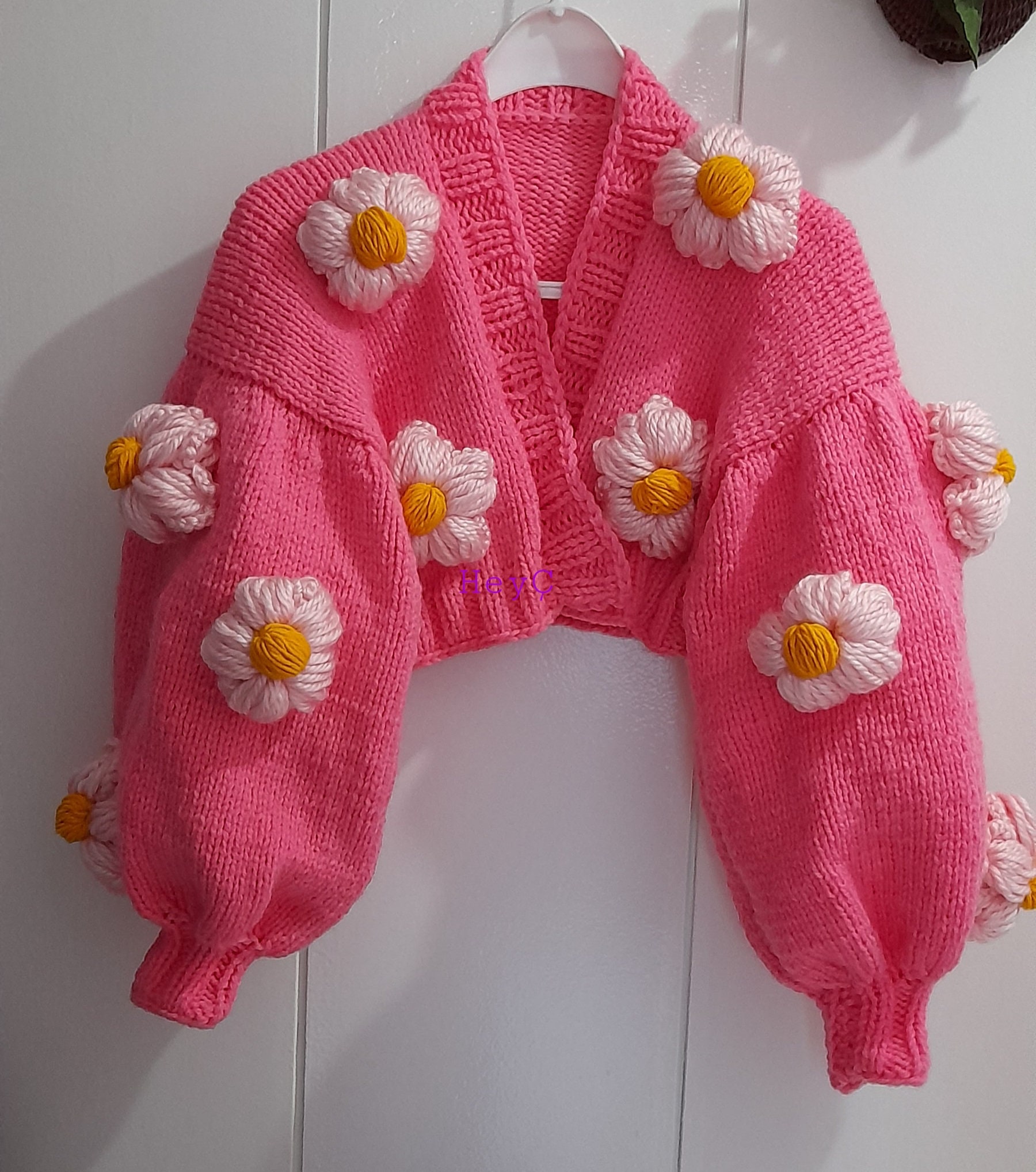 Daisy Knit Jacket Chunky Knit Product Handmade Daisy Pink | Etsy