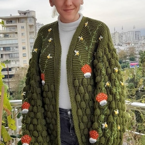 Handmade Embroidered Cardigan, Hand Knit Mushroom Sweater, Chunky Knit Mushroom Cardigan, Green Mushroom Jacket