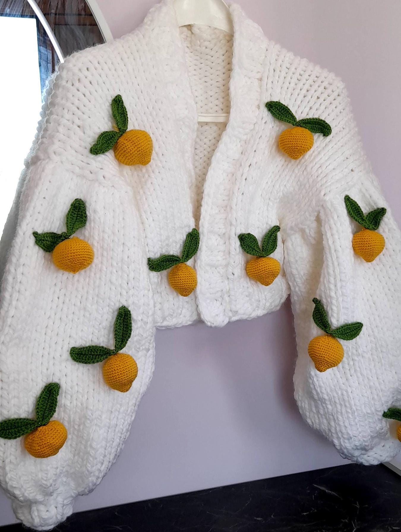 Handmade Knitted Lemon Cardigan: 3D Fruit Embroidery