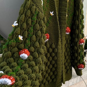 Knitted Cardigan, Mushroom Motif Cardigan, Knitted Jacket, Gift For Women, Green Cardigan, 3D Motif Cardigan, Sleeve Cardigan, Wide Cardigan