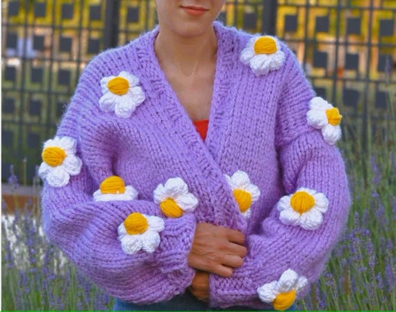 Handmade Lilac Knitted Cardigan: 3D Daisy Embroidery - Etsy