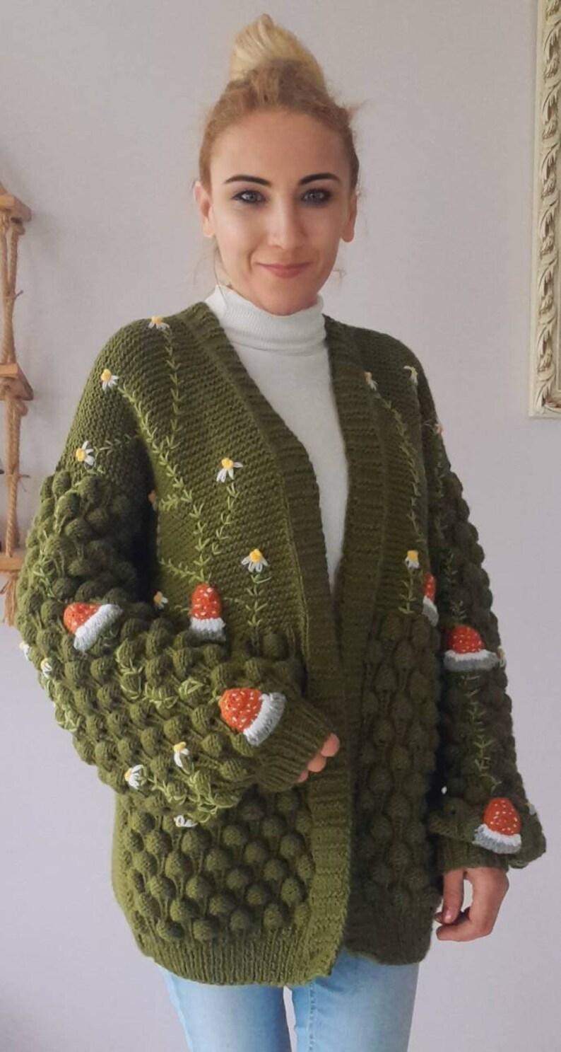 Green Hand Knit Mushroom Cardigan Hand Made Mushrooms Etsy Australia