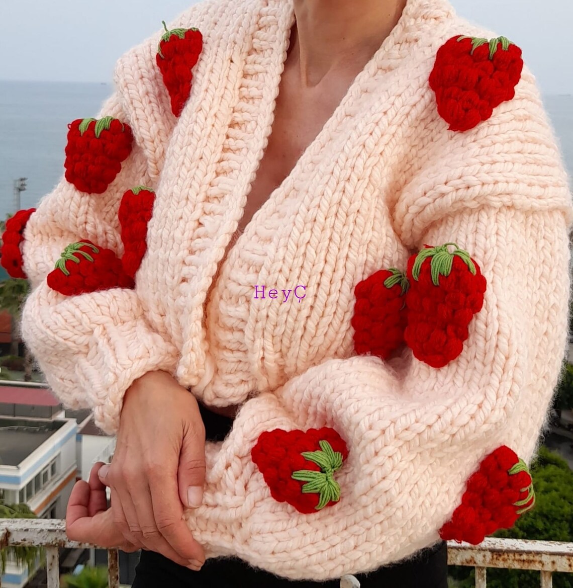 Pink strawberry cardigan chunky knit long puff sleeve Etsy