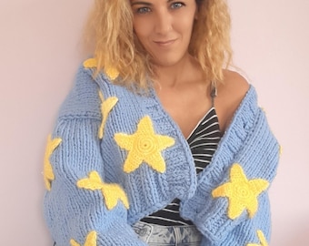 Handmade Knitted Cardigan, Thick Blue Cardigan, 3D Design Cardigan With Shiny Star Motifs, Gift Star Cardigan For Women, Sky-Themed Cardigan