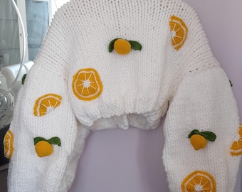 Handmade Lemon Embroidered Knit Cardigan - Soft & Thick Yarn
