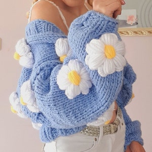 Daisy Cardigan, Blue Thick Cardigan, White Daisy Cardigan, 3D Motif Cardigan, Women's Summer Cardigan, HeyÇKnitting