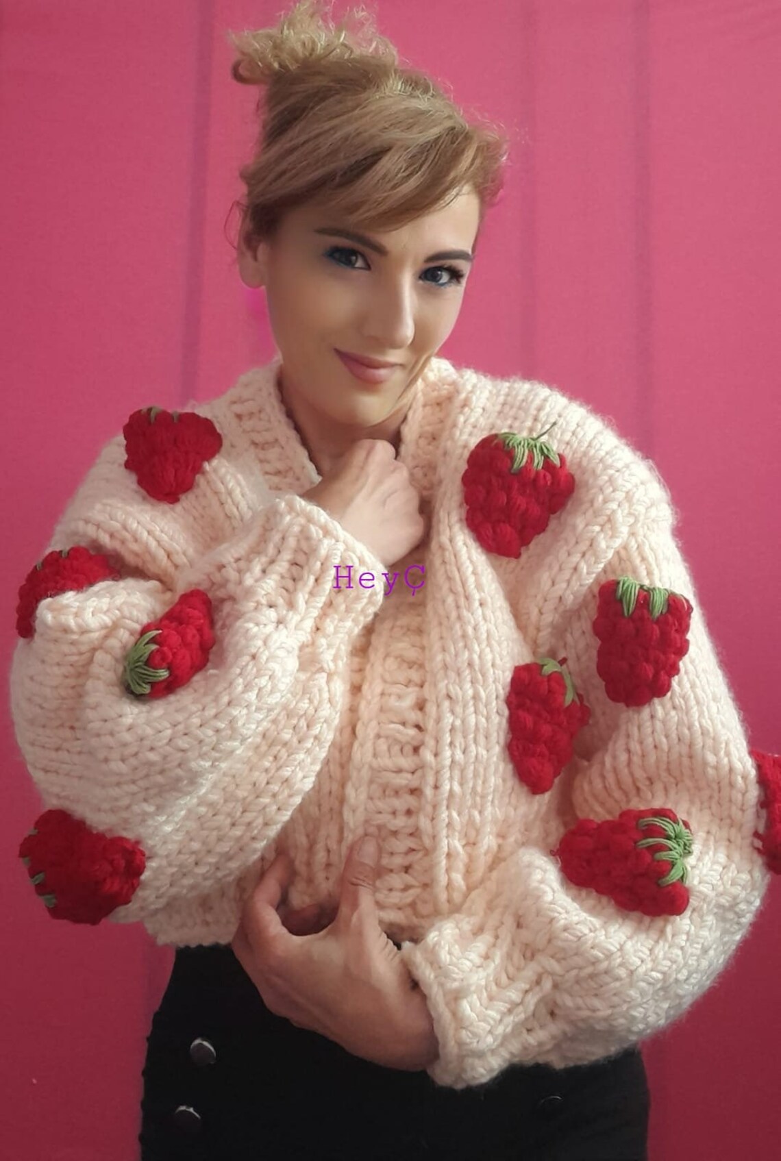 Pink strawberry cardigan chunky knit long puff sleeve Etsy