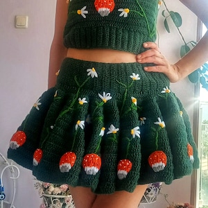 Handmade Knit Skirt Set: Embroidered Blouse & Pleated Suspender Skirt