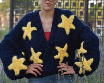 Knitted Cardigan, Star Embroidered Cardigan, Gift for Women, Navy Blue Cardigan, Soft Knit Jacket, Handmade Cardigan, Thick Cardigan, HeyÇ