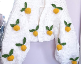 Handmade Knitted Cardigan, Thick White Cardigan, Lemon Cardigan, Yellow Lemon  Cardigan, Fruit Cardigan, Gift Knitted, HeyCKnitting