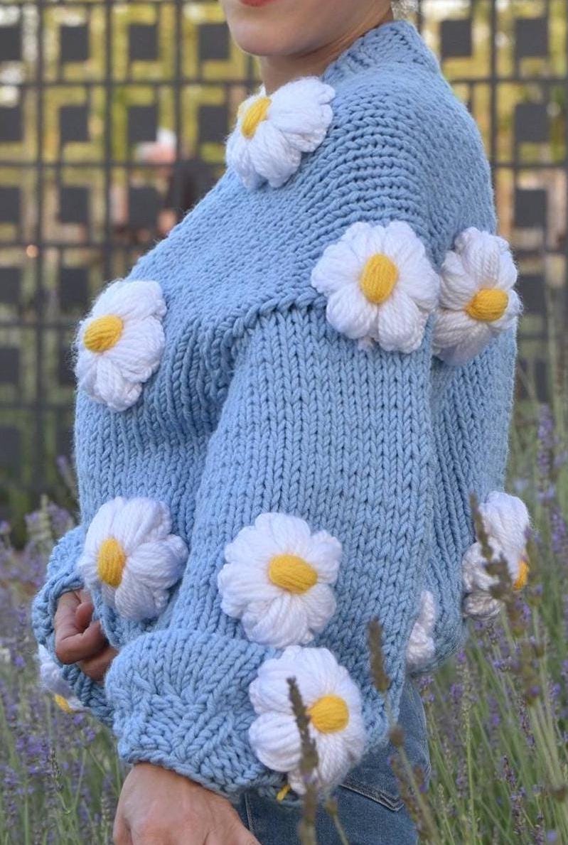Knitted Cardigan, Daisy Embroidered Cardigan, Gift for Women Knitted Cardigan, Daisy Embroidered Cardigan, Gift for Women