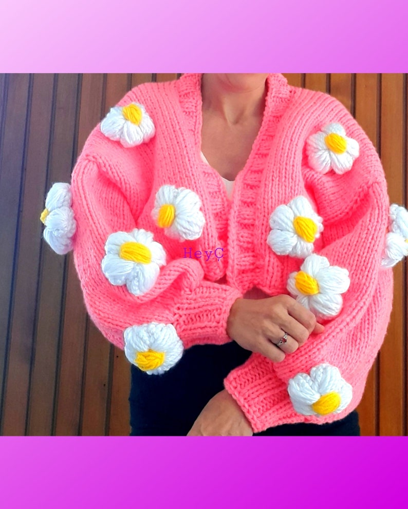 Pink Cardigan With Wite Daisy Embroidery Heycknitting Thick Etsy