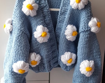 Daisy Cardigan, Blue Thick Cardigan, White Daisy Cardigan, 3D Motif Cardigan, Women's Summer Cardigan, HeyÇKnitting